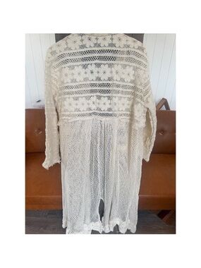 POL Cream Crochet Lace Duster Cardigan Boho Open Knit Long Layering Piece SZ Med